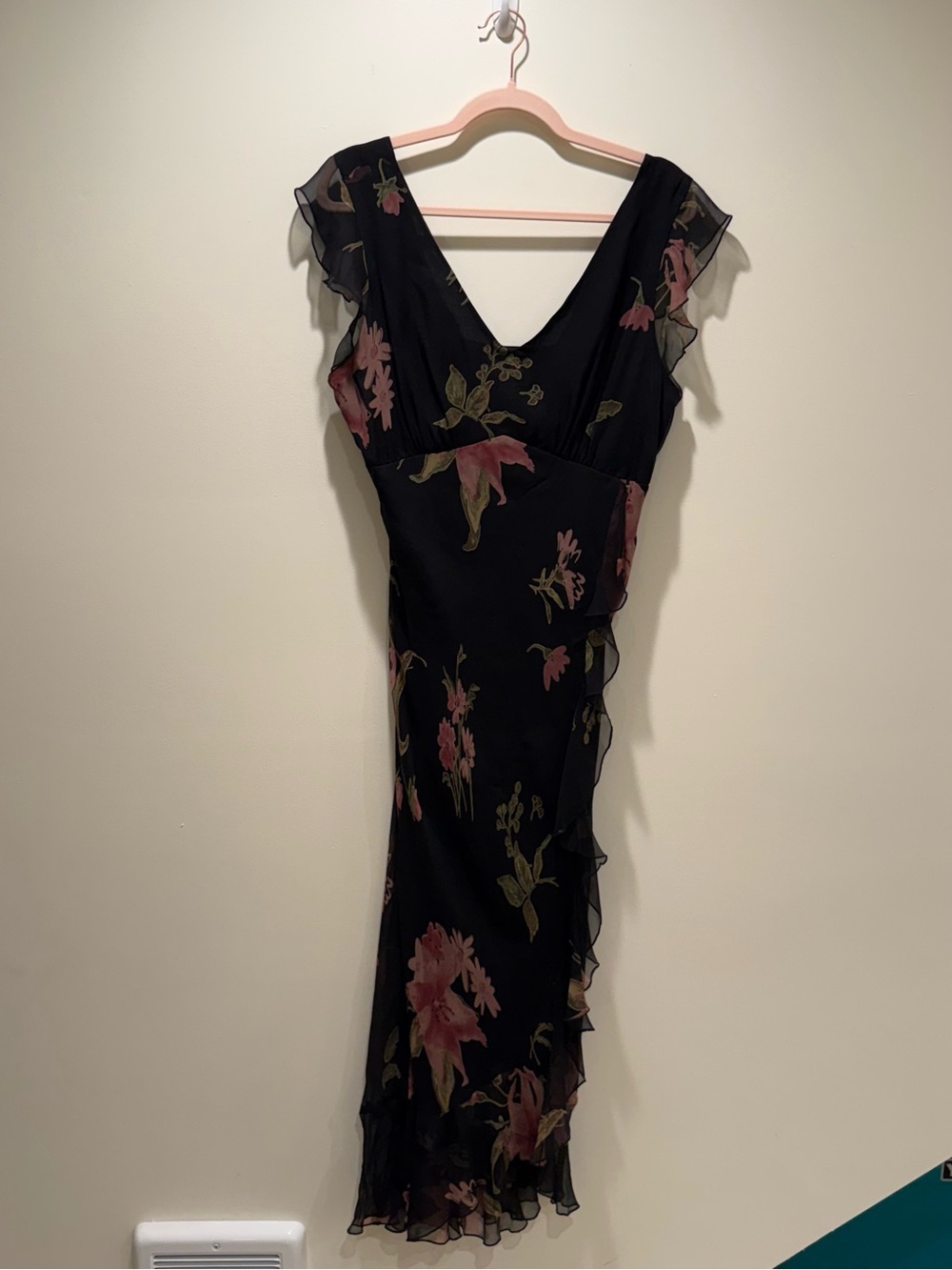 jonathan martin Black Floral Midi Dress with Pink & Green Blooms - Picture 3 of 11